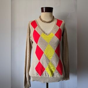 Esprit V-Neck Cotton Sweater Tan with Red, Yellow, Argyle. Size Amall